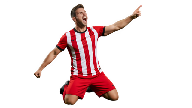 Goal Celebration: A football player exults in the moment of victory, pointing skyward, a portrait of joy and exhilaration after a well-earned win.