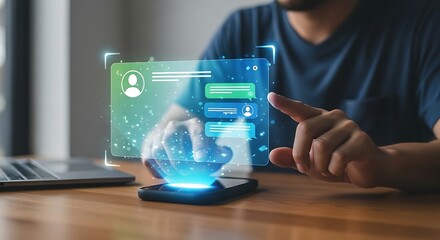 Person interacting with a futuristic holographic chat interface on a smartphone