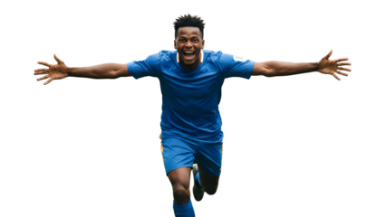 Soccer Player's Triumph: An ecstatic soccer player celebrates a triumphant goal, arms outstretched in jubilant victory, showcasing pure athleticism and the electric thrill of the game.