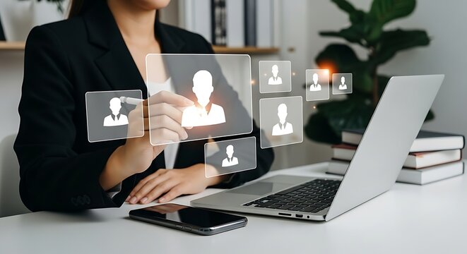 Businesswoman selecting candidate from virtual human resources interface on screen
