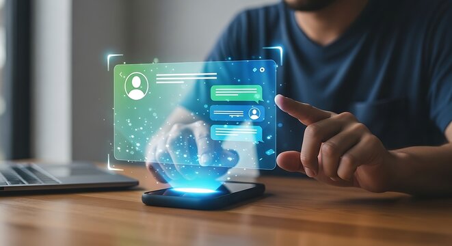 Person interacting with a futuristic holographic chat interface on a smartphone - Powered by Adobe