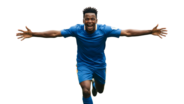 Soccer Player's Triumph: An ecstatic soccer player celebrates a triumphant goal, arms outstretched in jubilant victory, showcasing pure athleticism and the electric thrill of the game.