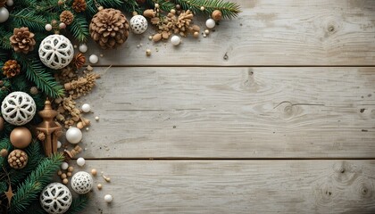 Top View Wooden Table with Christmas Decorations and Copy Space for Holiday Greeting Text Background