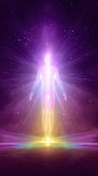 Ethereal glowing human aura energy body meditation spiritual healing light chakra alignment cosmic consciousness illustration