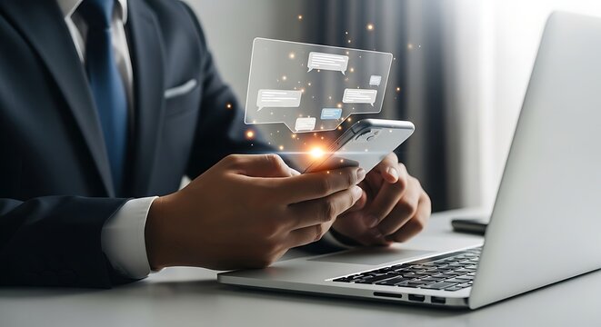 Businessman using smartphone with holographic interface and laptop on desk