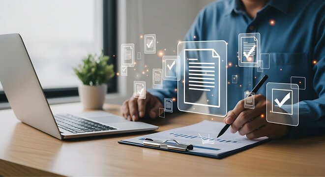 Man working on document with digital icons representing data and workflow - Powered by Adobe