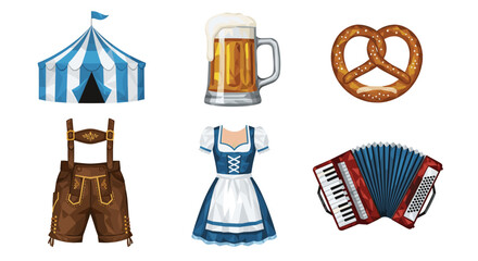 A collection of oktoberfest themed items including tent beer and clothing