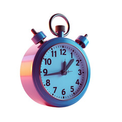 A  view displays a retro blue alarm clock against a stark black backdrop. The timepiece is detailed with a light blue face and hands indicating a specific time, illuminated with pink and orange light.