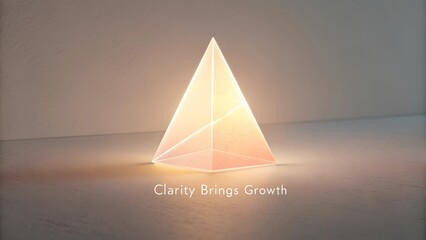Glowing geometric prism on a plain surface with inspiring text