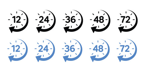 Hour icon with 12 and 24 clock formats, for 48h or 72h fast delivery and special day sales icon vector. clock symbol. vector illustration.