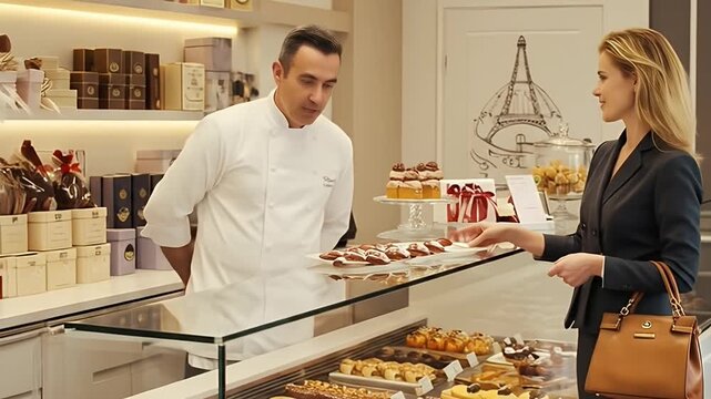 Customer buys pastries from a baker in a French patisserie.