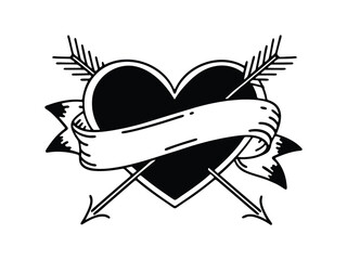 Naklejka premium Black heart pierced by two arrows with a banner