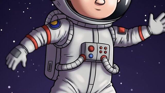 Cute cartoon astronaut floating in space waving hello.