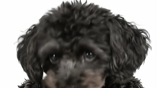 Cute Black Poodle Dog Looking Upwards With Big Eyes.