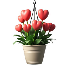 Charming illustration displays a hanging pot filled with delightful flowers shaped like hearts, their vibrant red petals contrasting with the lush green leaves, creating a cheerful and romantic...