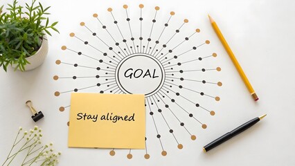 Goal planning diagram with yellow notes and a pencil