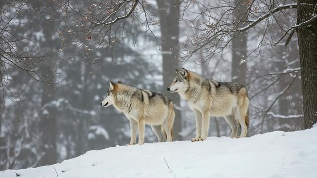 Two wolves standing in a snowy forest during winter
