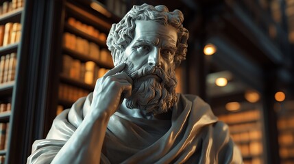 Elegant statue in library, evoking wisdom.