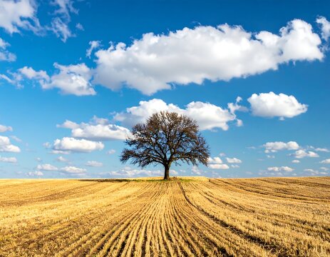 A lone bare tree stands in a golden field - Powered by Adobe
