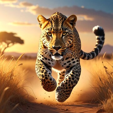 A powerful leopard running on a savanna dirt road