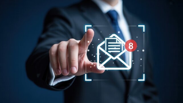 Professional man's hand interacts with futuristic digital interface displaying unread email notification icon with count