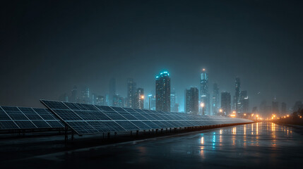 Fototapeta premium Futuristic solar panels with glowing smart city skyline.