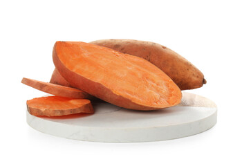 Marble stand and fresh sweet potatoes isolated on white background