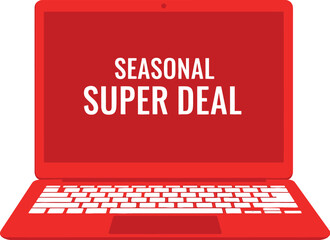 Bright red laptop displays "SEASONAL SUPER DEAL" text, perfect for online promotions and sales.