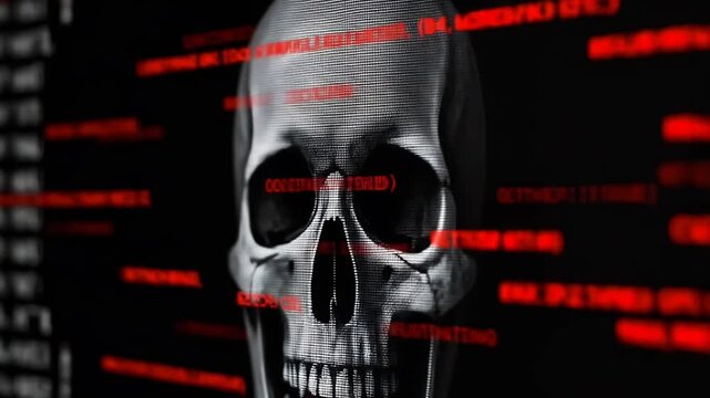Cybersecurity threat skull with red digital data code background.