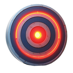A glowing target design with concentric rings in red and blue, set against a black background, showcasing a futuristic aesthetic with a central illuminated orb.
