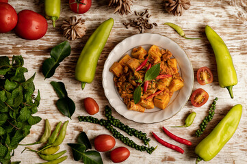 Hearty goulash dish surrounded by fresh vegetables and herbs