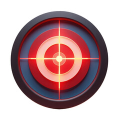 Circular graphic featuring a layered target design with intersecting lines, showcasing a vibrant red, white, and blue color palette that is illuminated, set against a stark black background,...