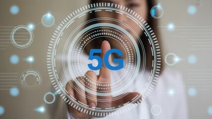 Intelligent businesswoman interacts with futuristic 5G technology interface, embracing digital innovation and global connectivity for future growth.