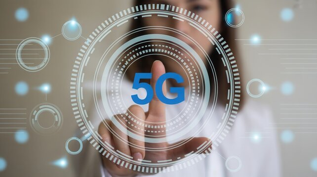 Intelligent businesswoman interacts with futuristic 5G technology interface, embracing digital innovation and global connectivity for future growth.