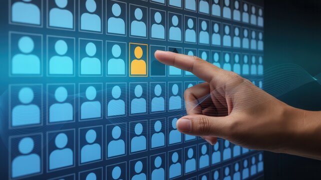 Selecting the perfect candidate from a digital grid of stylized people icons, highlighting recruitment and talent acquisition choices.