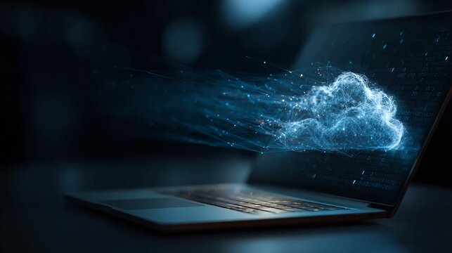 Dynamic cloud data streaming from modern laptop screen symbolizing digital transformation and global connectivity in a futuristic tech environment - Powered by Adobe