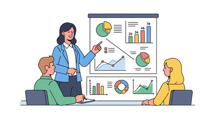 Business Presentation Featuring a Female Leader Explaining Charts and Data to Colleagues for Corporate Training and Marketing Strategy Sessions