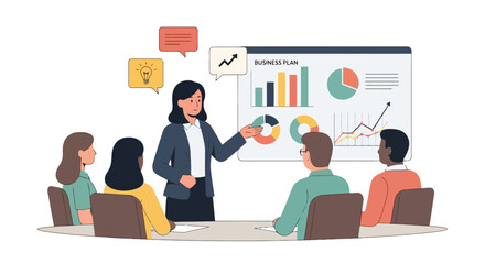 Business Presentation Illustration Featuring a Female Leader Explaining Company Performance. Ideal for use in corporate training materials, business strategy guides, and marketing presentations.