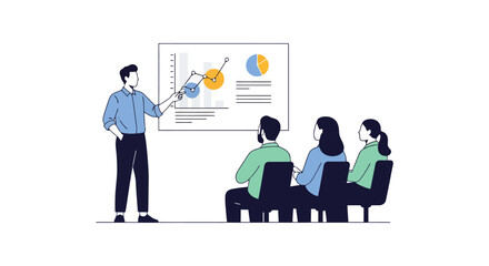 Business Presentation with Data Charts and Audience, Illustrating Corporate Strategy and Professional Training for Financial Analysis or Business Growth
