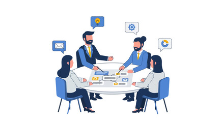 Collaborative Business Meeting Illustration Showcasing Teamwork, Strategy, and Project Planning for Digital Marketing and Corporate Presentations