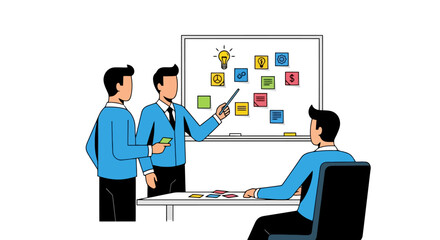 Collaborative Business Strategy Session Illustration for Project Planning and Brainstorming in a Corporate Setting, Used for Teamwork and Innovative Solutions