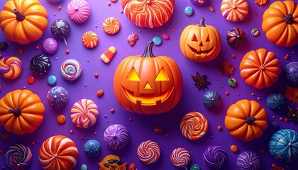 Vibrant Halloween Still Life: Glowing Jack-o'-Lanterns, Swirling Lollipops, and Autumnal Pumpkins on Purple Background