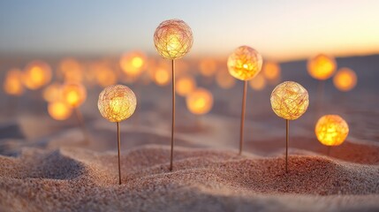palette. Sunset beach with glowing spherical lights, creating a dreamy atmosphere through abstract bokeh effects. inspiring travel planning.
