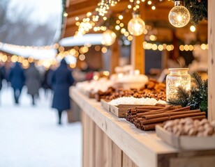 Traditional Christmas Market Stall with Festive Lights and Ornaments
