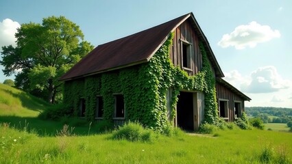 Fototapeta premium Rustic Wooden Barn Overgrown with Lush Green Vines on a Sunny Day in a Rolling Green Meadow