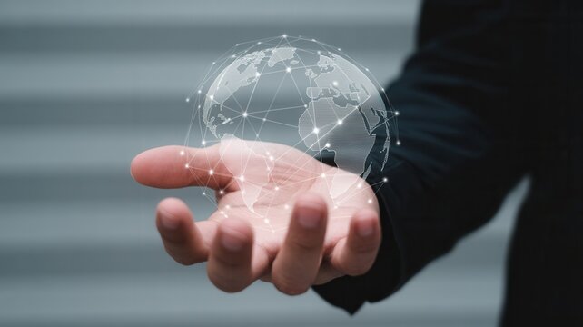 Professional businessman holds glowing digital earth network in hand, symbolizing global connectivity and future technology innovation.