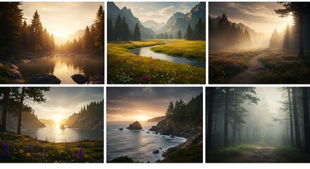 Diverse Nature Landscapes: Misty Forests, Mountain Rivers, and Coastal Views at Sunrise and Sunset