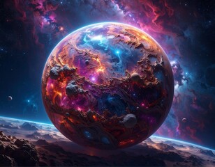 A glowing, volcanic world in a colorful nebula