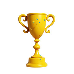 A vibrant, eye-catching yellow trophy with ornate handles and a pedestal base, suggesting achievement and success, is set against a contrasting black backdrop, with scattered confetti adding to the...
