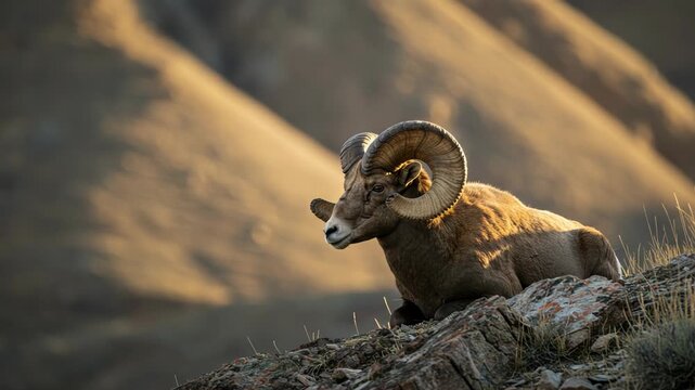 Majestic bighorn sheep ram resting on a rocky mountain slope at sunset